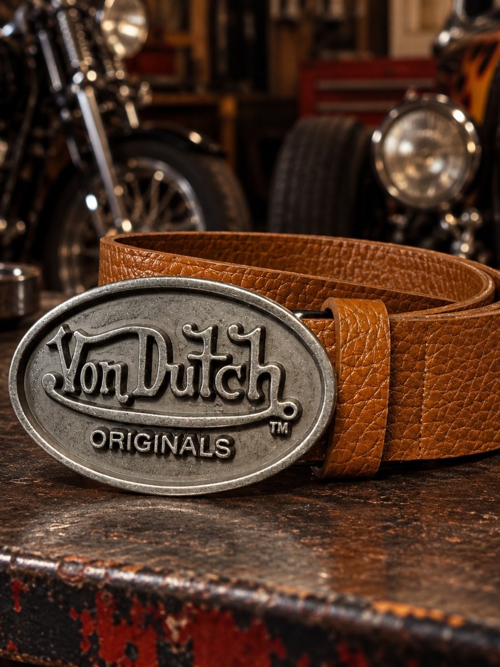 Von Dutch Men's Tan Faux Leather Belt 32 with Silver Oval Logo Buckle